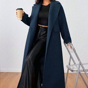 Navy Blue Casual Women's Lapel Long Coat